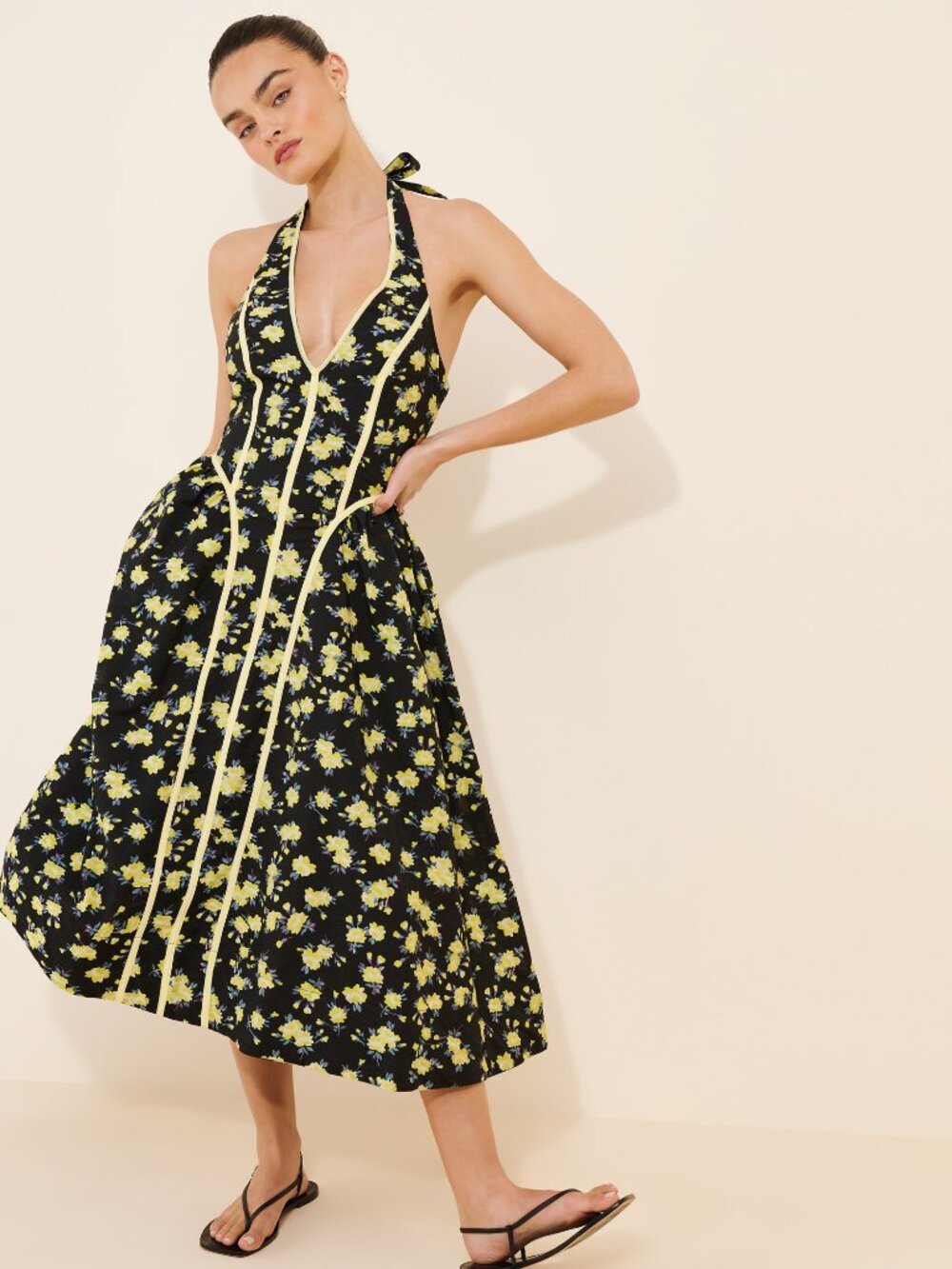 Maeve by Anthropologie Black Halter Maxi Dress with Yellow Floral Print